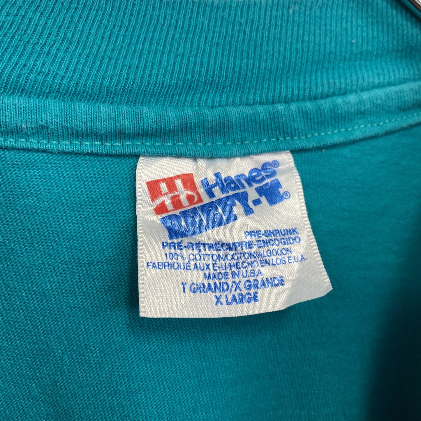 古着 used Hanes ヘインズ 半袖ワンポイントTシャツ グリーン ブルー 刺繍 クルーネック ビッグシルエット XLサイズ