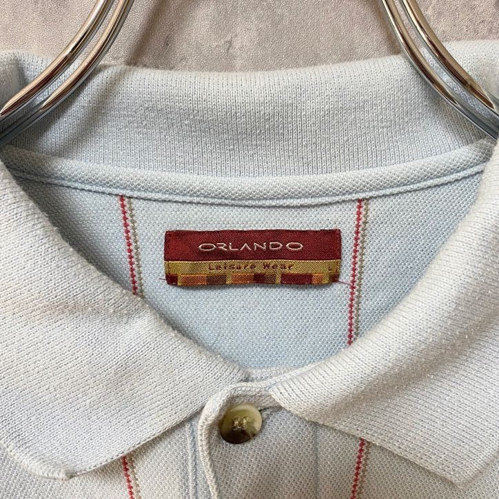 古着 used ORLANDO オーランド 半袖ストライプ柄ポロシャツ ワンポイントロゴ刺 白 ホワイト 春夏服 Lサイズ