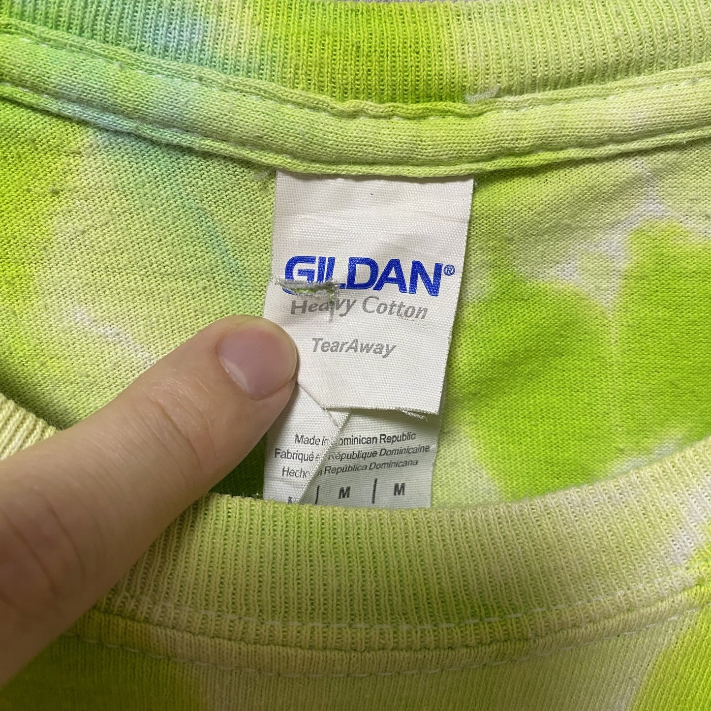 古着 used GILDAN ギルダン 半袖プリントTシャツ クルーネック ダイダイ柄 個性的 ライムカラー ブルー Mサイズ