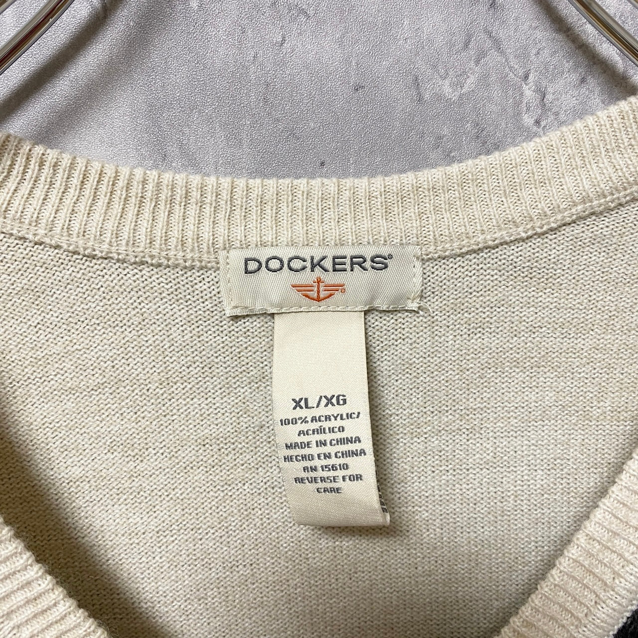 古着 used DOCKERS ドッカーズ アーガイル柄ニットベスト Vネック 白 ホワイト オーバーサイズ XLサイズ
