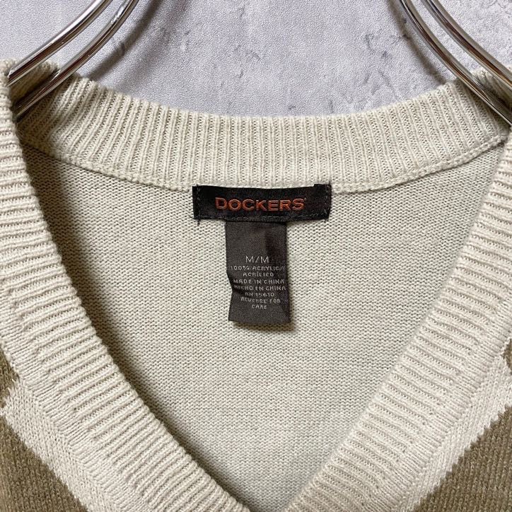 古着 used DOCKERS ドッカーズ アーガイル柄ニットベスト Vネック 白 ホワイト レトロ Mサイズ