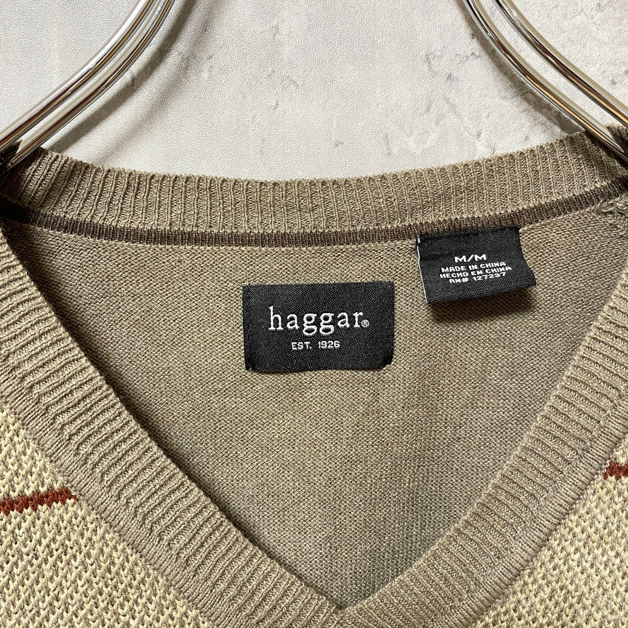 古着 used haggar ハガー チェック柄ニットベスト Vネック 総柄 茶色 ブラウン レトロ メンズ Mサイズ