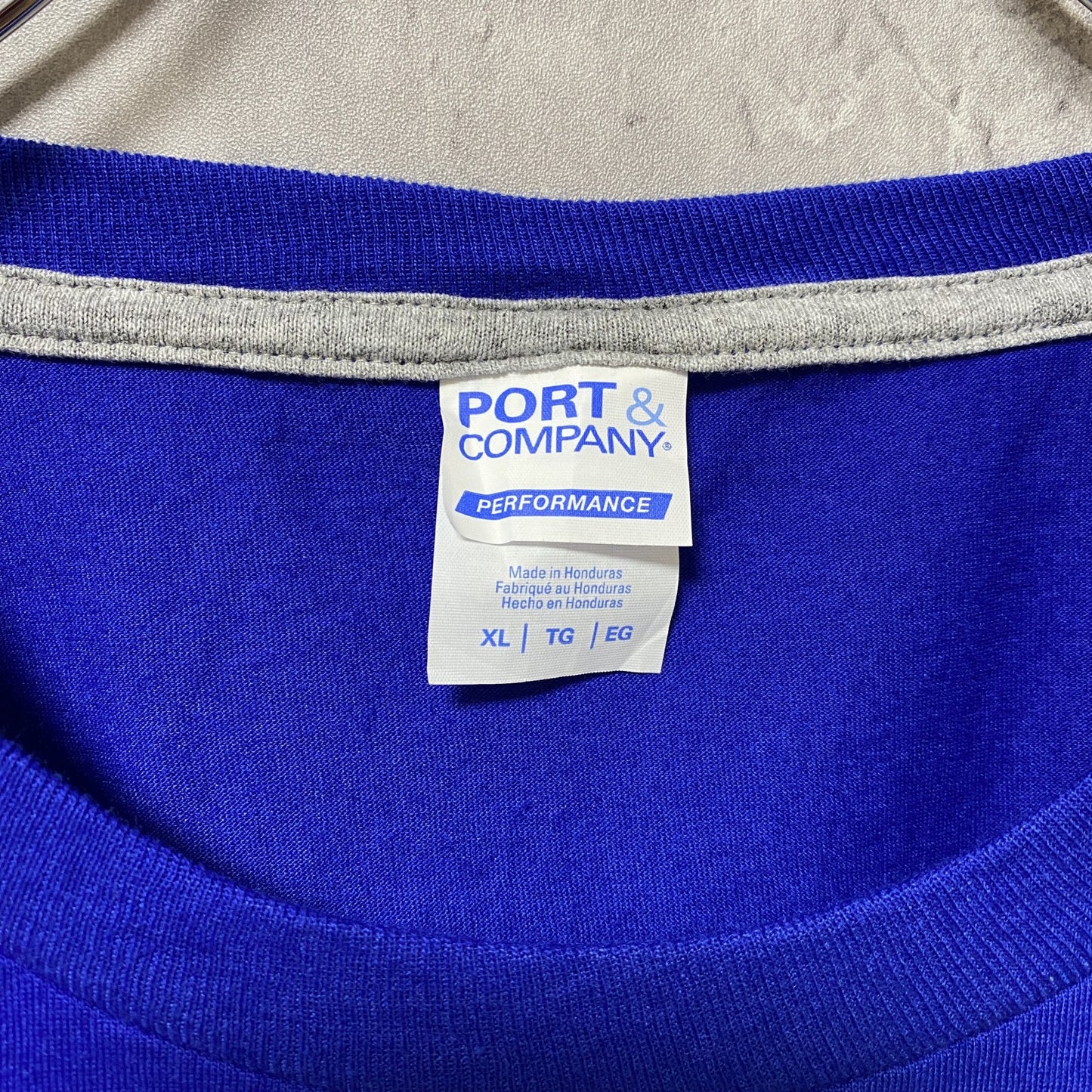 PORT&COMPANY 半袖プリントメッセージTシャツ 4連プリント 企業ロゴ 青 ブルー XLサイズ