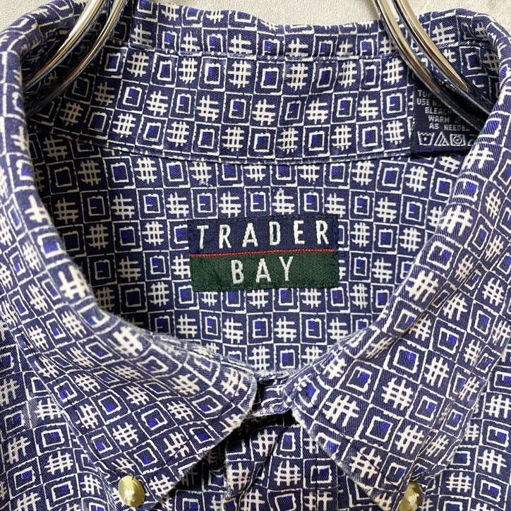 古着 used TRADERBAY 半袖総柄デザインシャツ ネイビー レトロ オーバーサイズ メンズ レディース XLサイズ