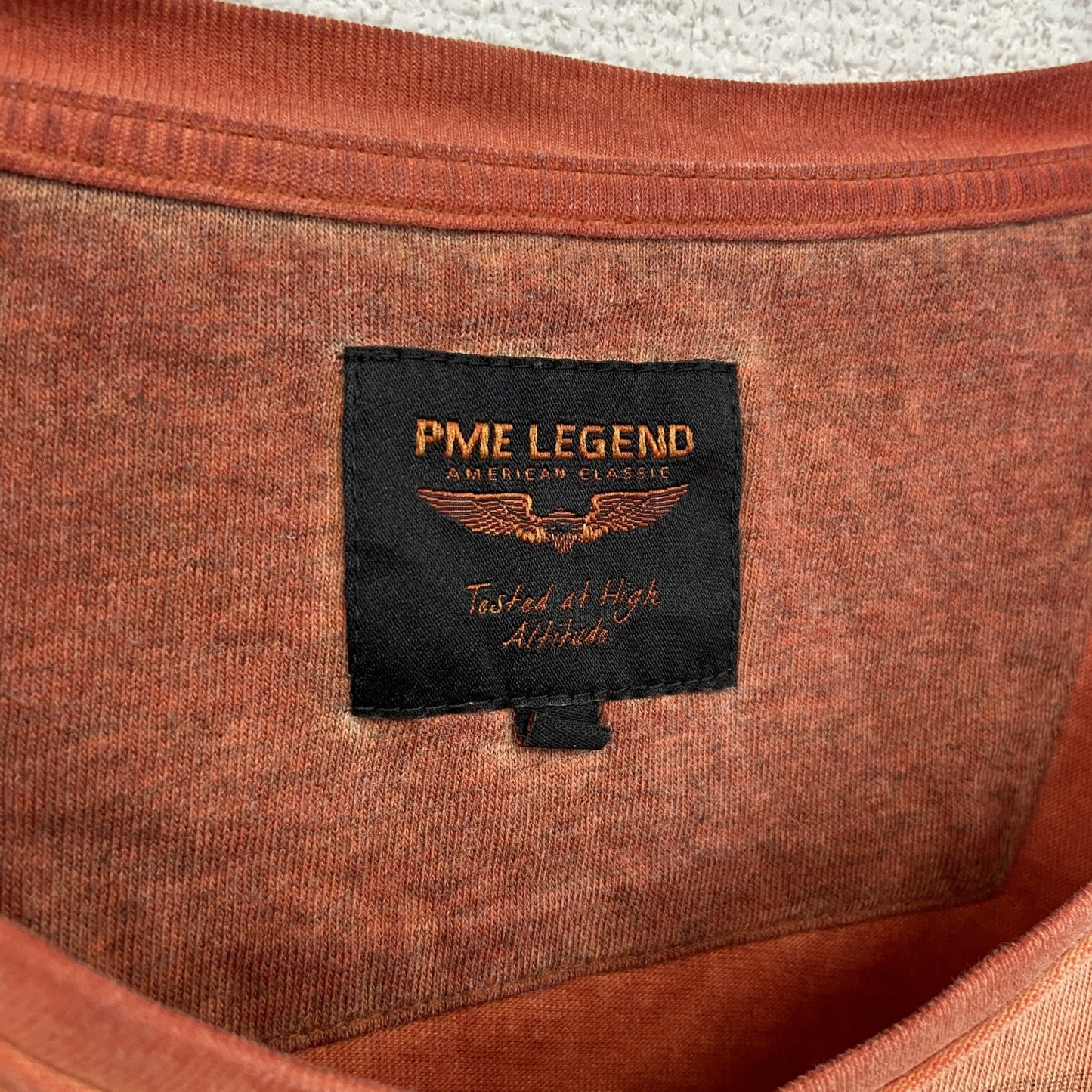古着 used PME LEGEND 半袖プリントTシャツ ヴィンテージ風 オレンジ カジュアルデザイン Vネック Lサイズ