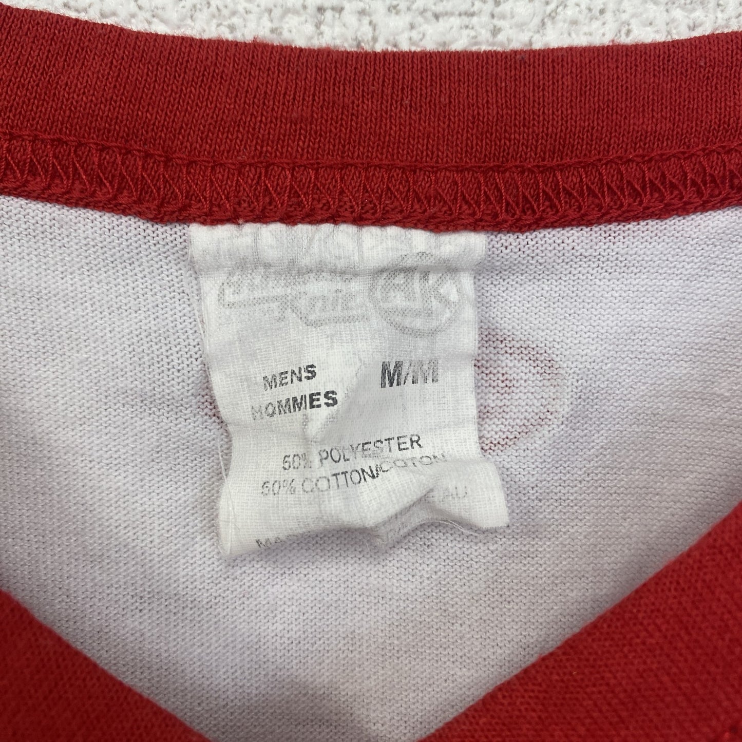 古着 used Athletic Knit 半袖プリントTシャツ Vネック レトロデザイン ラグラン 白 赤 ホワイト Mサイズ