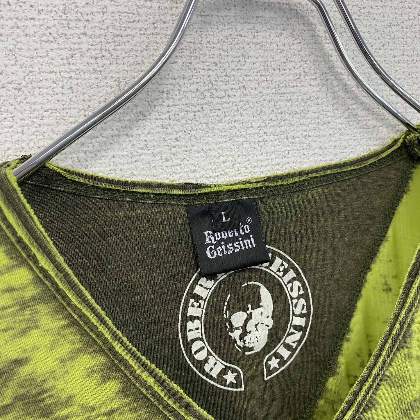 古着 used 半袖プリントTシャツ レトロデザイン 十字架 ドクロ Vネック グラフィック Y2K 緑 グリーン Lサイズ