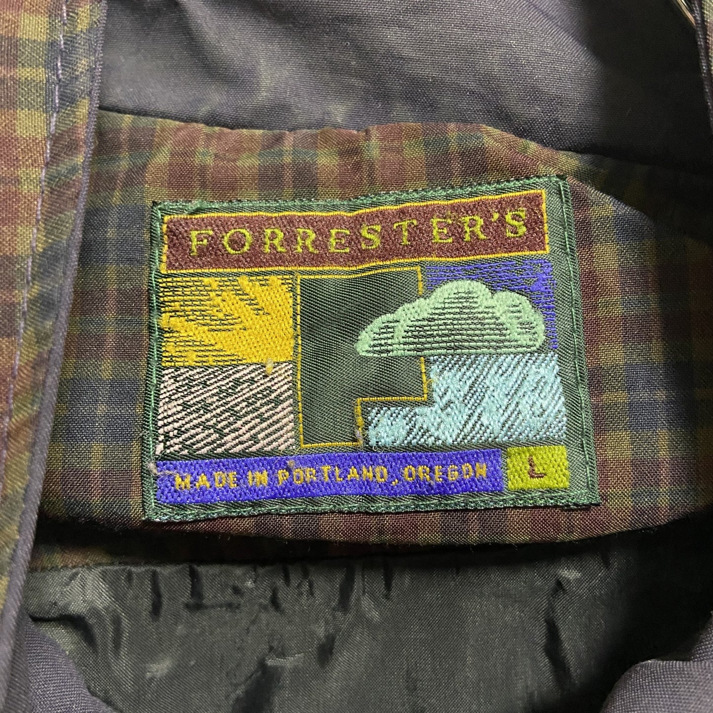 古着 used FORRESTERS 長袖チェック切り替えナイロンジャケット レトロデザイン ネイビー ブラウン Lサイズ