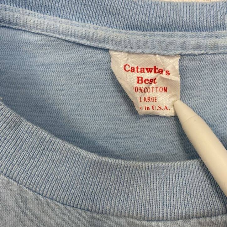 古着 used 90s 半袖プリントTシャツ USA製 コットン100% シングルステッチ 花 蝶 水色 ライトブルー Lサイズ