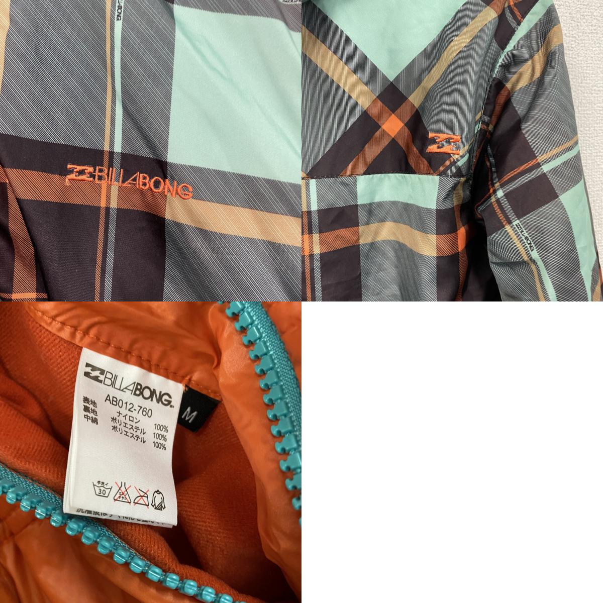 BILLABONG ビラボン フルジップナイロンジャケット 中綿入り ハの字ポケット リバーシブル オレンジ チェック柄