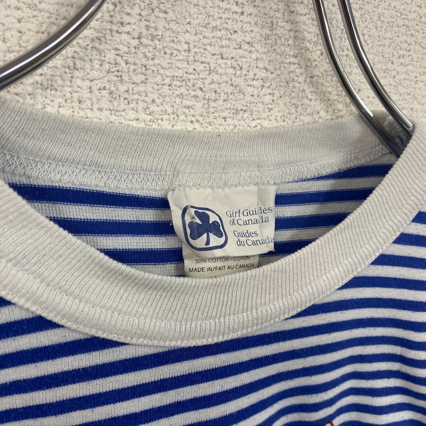 古着 used 90s 半袖ボーダー柄Tシャツ ワンポイントプリント クルーネック 青白 クローバー シングルステッチ レトロ