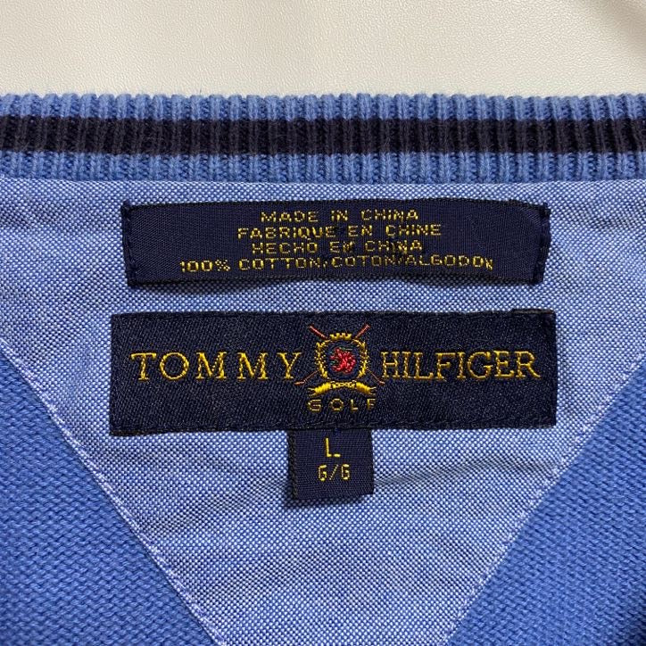 古着 used TOMMYHILFIGER トミーヒルフィガー 長袖Vネックワンポイント刺スウェット トレーナー 水色 Lサイズ