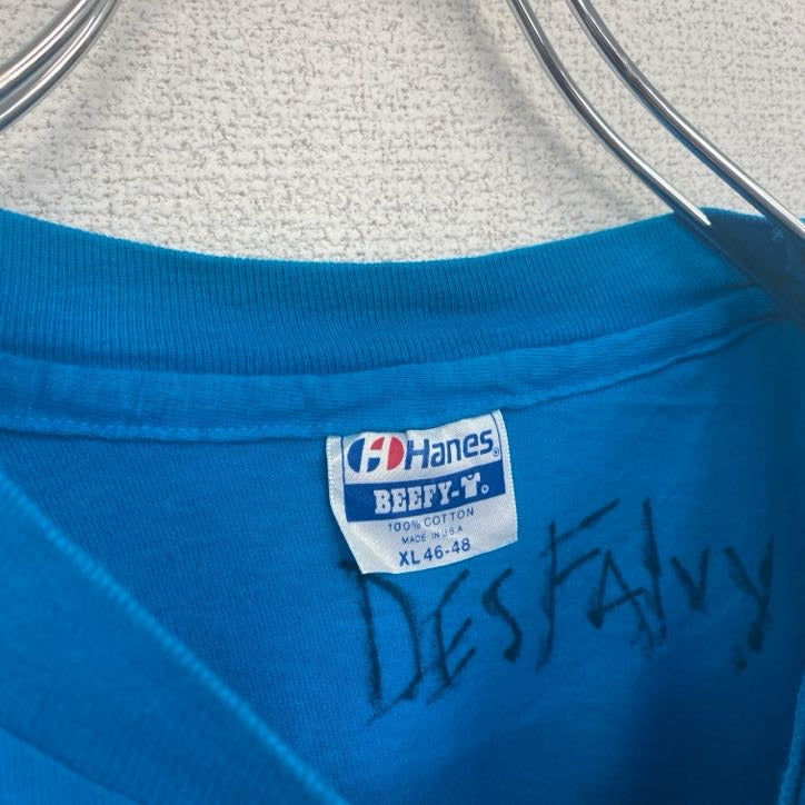 古着 used Hanes 半袖プリントTシャツ シングルステッチ レトロ クルーネック ヴィンテージ 青 ブルー XLサイズ