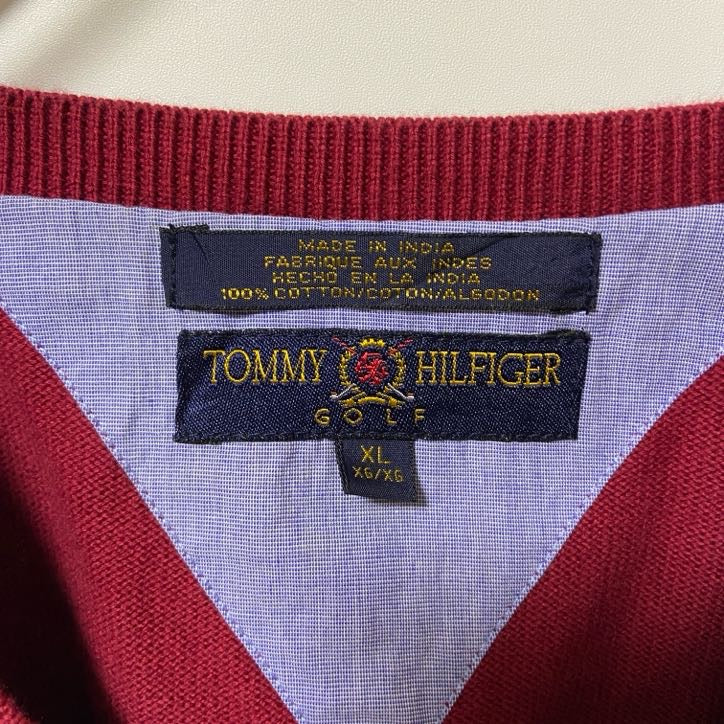 古着 used TOMMY HILFIGER トミーヒルフィガー Vネックニットベスト コットン ケーブル編み レッド XLサイズ