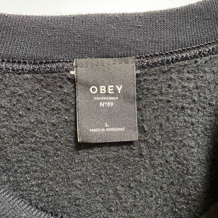 古着 used OBEY オベイ 長袖クルーネックプリントスウェット トレーナー ドクロ スカル y2k 黒 ブラック Lサイズ