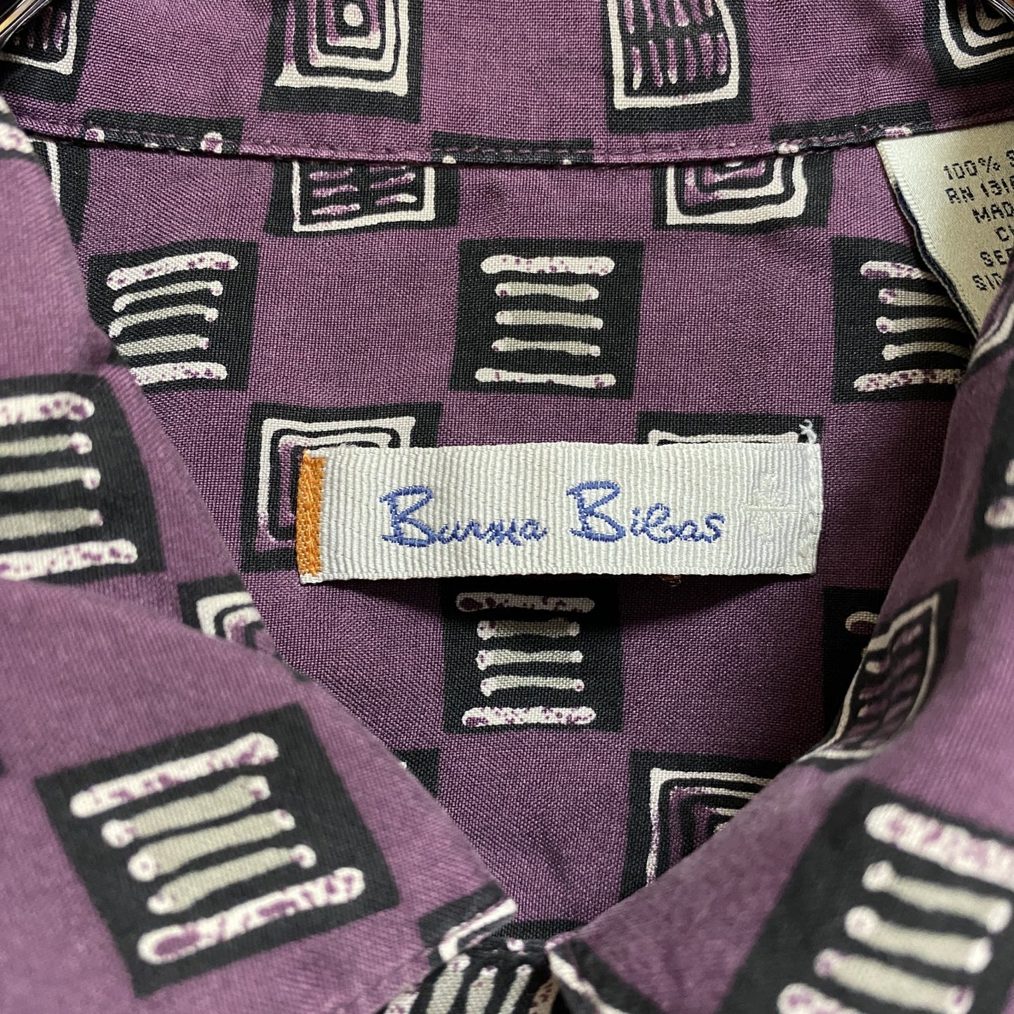古着 used 半袖総柄シャツ シルク100% 紫 パープル アロハ レトロデザイン 胸ポケット 個性的 Mサイズ