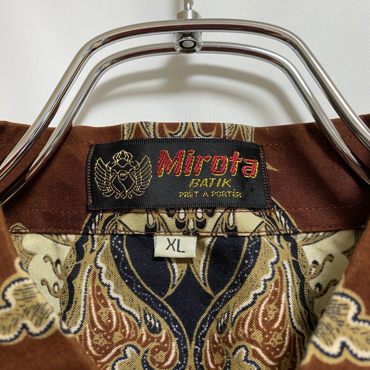 古着 used MirotaBATIK 半袖総柄シャツ スカーフ柄 茶色 ブラウン レトロデザイン ビッグシルエット XLサイズ