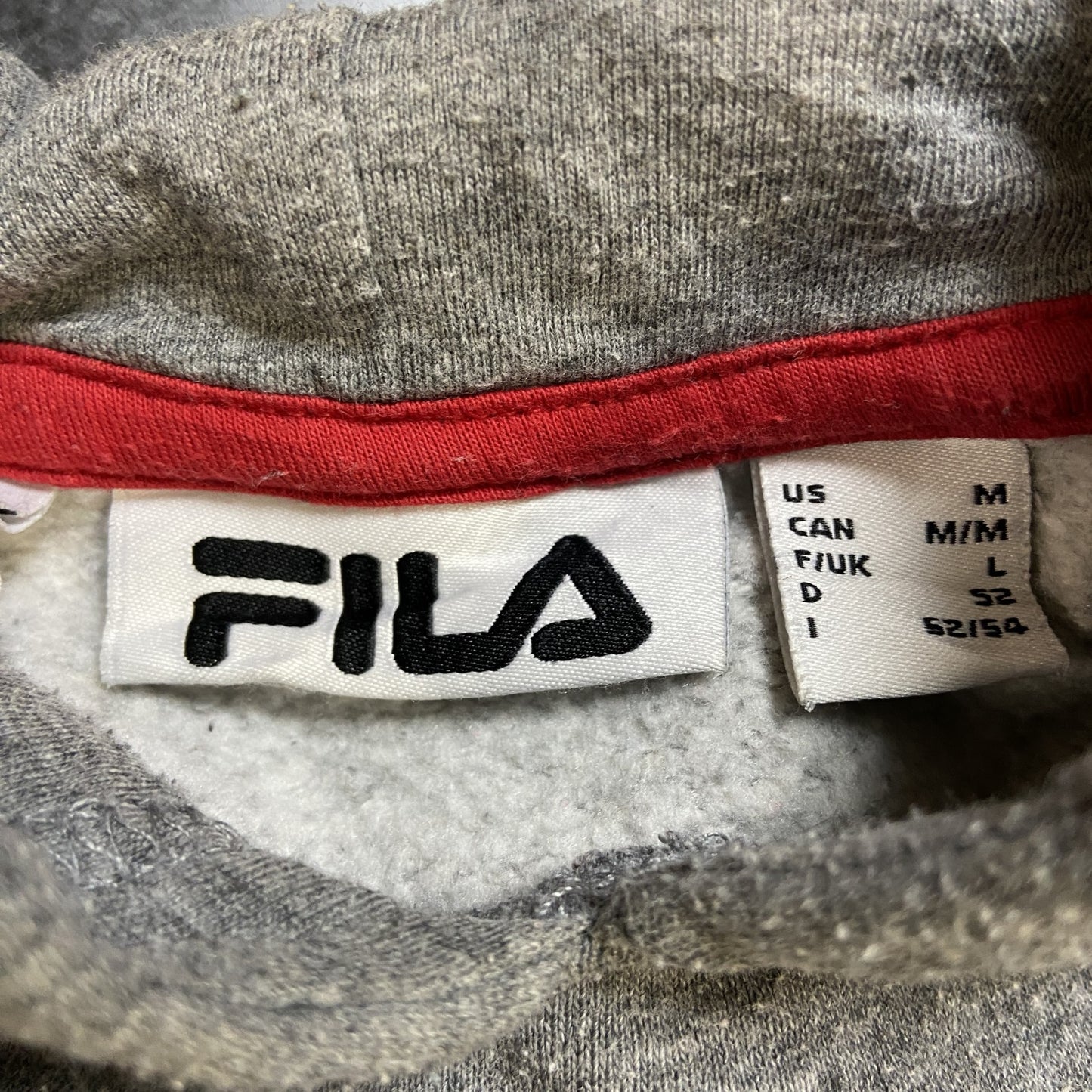 古着 used FILA フィラ 長袖ロゴプリントパーカー フード付きトレーナー グレー ブラック 秋冬服 Mサイズ
