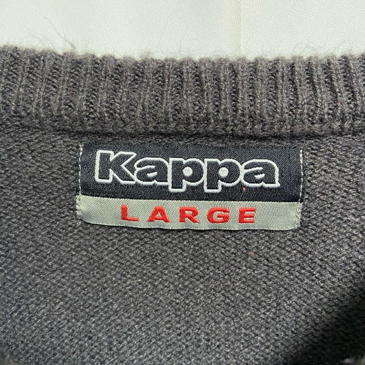 古着 used Kappa カッパ 長袖ワンポイントロゴ刺繍ニット セーター ノームコア シンプル ダークグレー Lサイズ