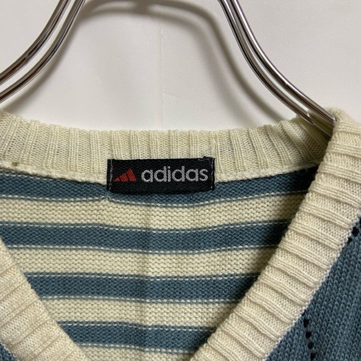 古着 used adidas アディダス 長袖アーガイル柄ニット Vネックセーター 総柄 レトロ 秋冬服 Sサイズ