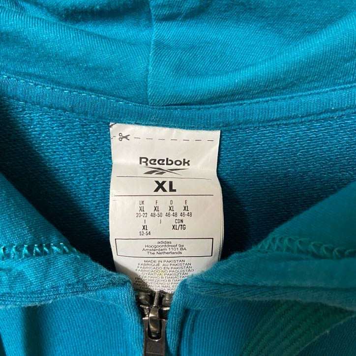 古着 used Reebok リーボック 長袖バックプリントパーカー フード スウェット 水色 犬 アニマル 秋冬服 XLサイズ
