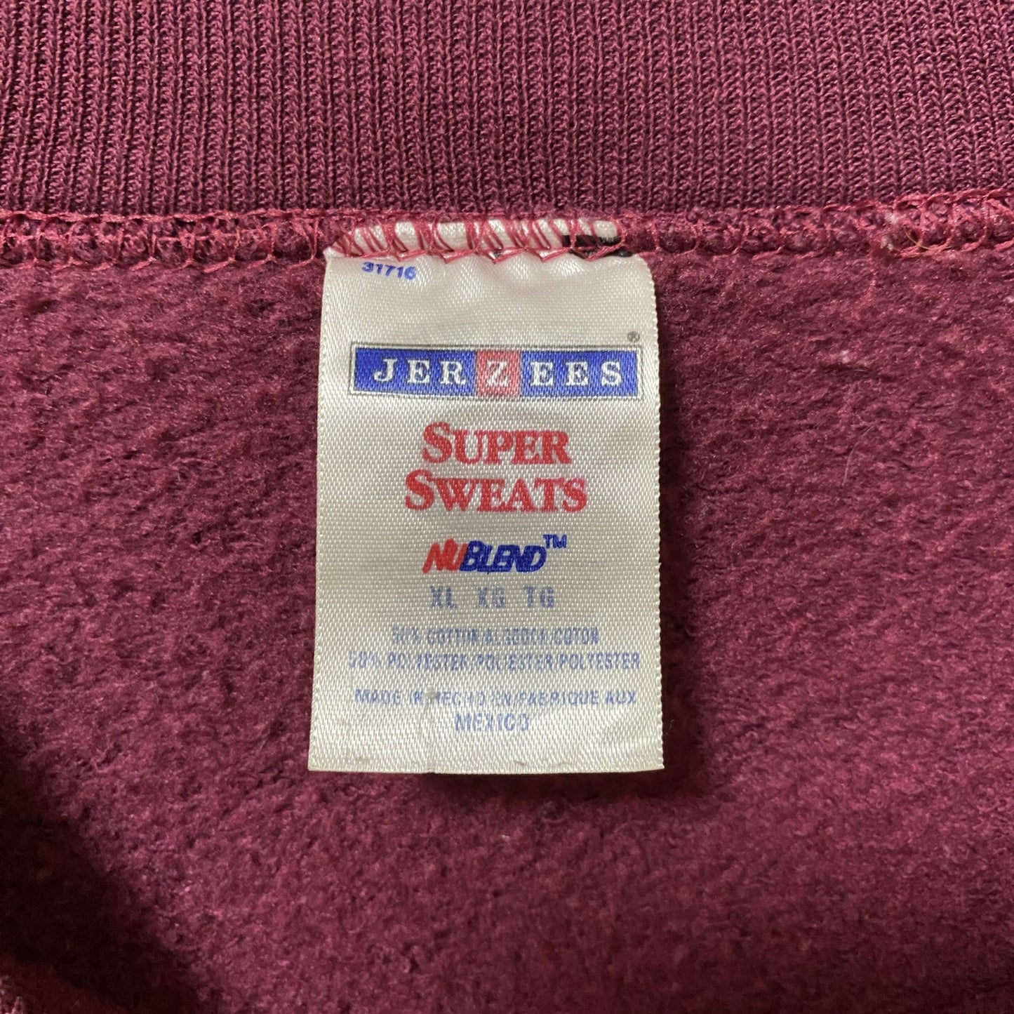 古着 used JERZEES ジャージーズ 長袖スクールワッペン刺繍スウェット トレーナー ワインレッド えんじ色 XLサイズ
