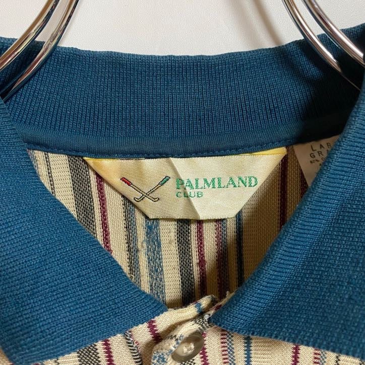 古着 used PALMLAND CLUB 半袖ポロシャツ ストライプ柄 ワンポイント刺繍 マルチカラー Lサイズ