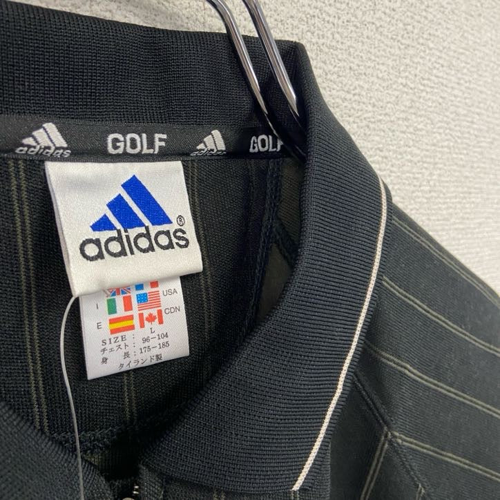 adidas アディダス 半袖ハーフジップポロシャツ ストライプ柄 黒 ブラック Lサイズ