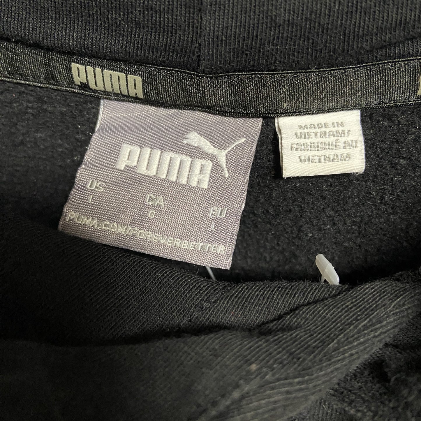 古着 used PUMA プーマ 長袖ワンポイントプリントパーカー スウェットフーディー 袖ロゴ 黒 ブラック 秋冬服 Lサイズ
