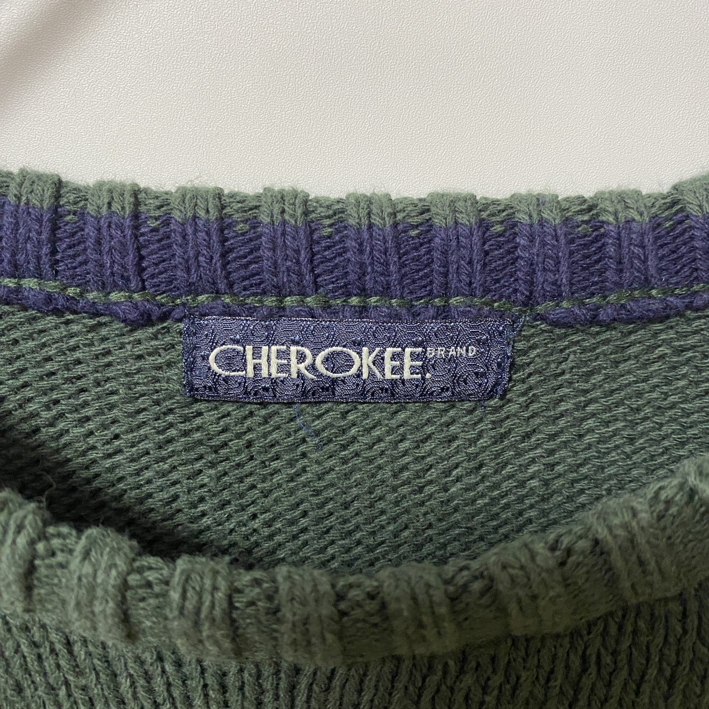 古着 used CHEROKEE チェロキー 長袖クルーネックニット セーター ラインデザイン 緑 グリーン 秋冬服 Lサイズ