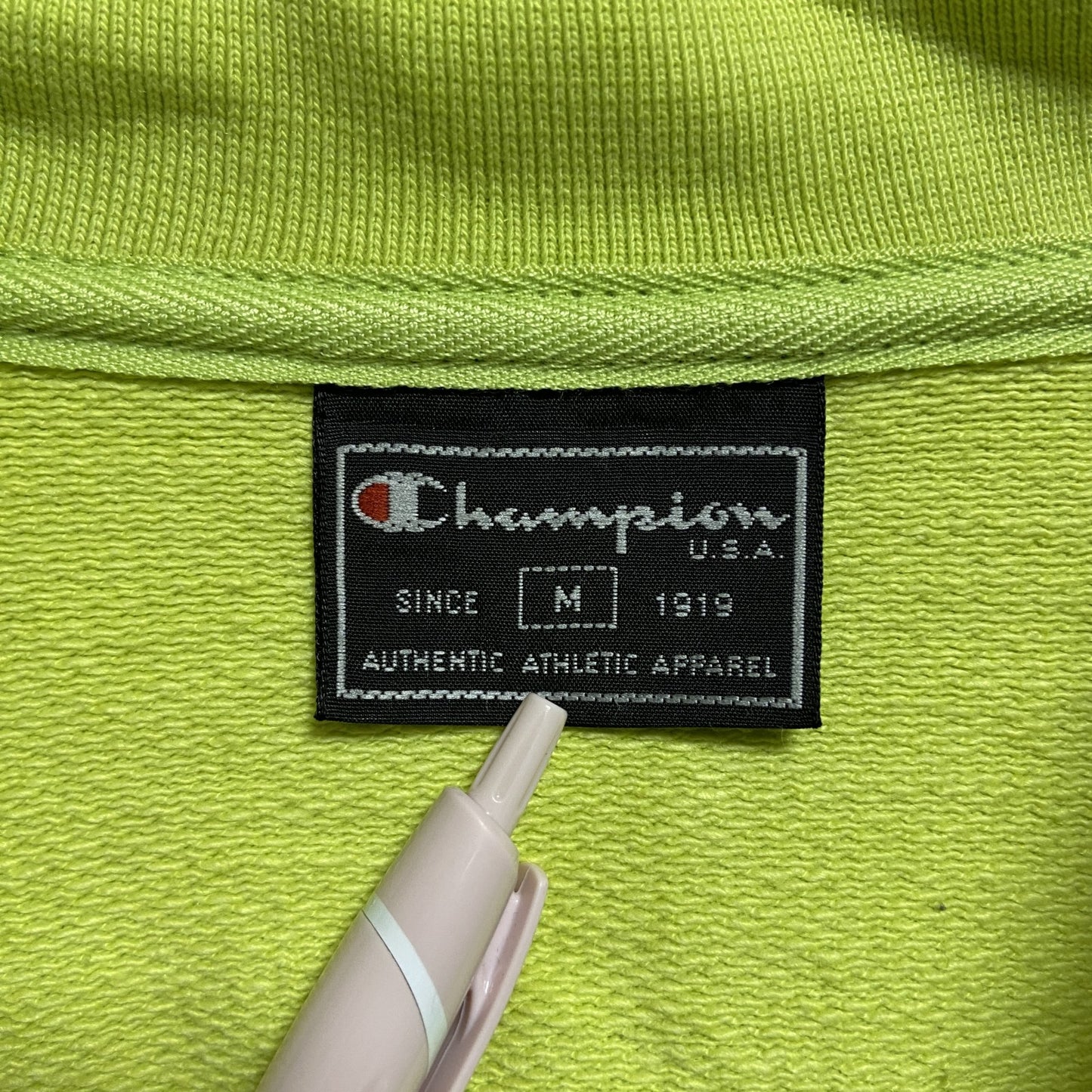 古着 used Champion チャンピオン USA製 長袖ジップアップスウェット ハイネックトレーナー 黄緑 秋冬服 Mサイズ
