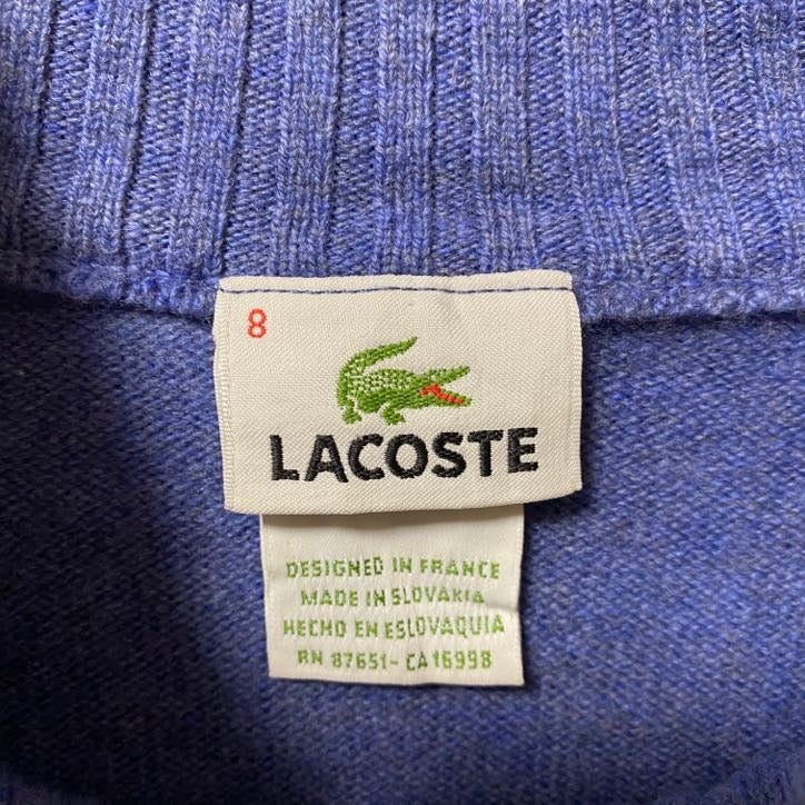 古着 used LACOSTE ラコステ 長袖ハーフシップニット セーター ワンポイントロゴ刺繍 ハイネック ブルー XLサイズ