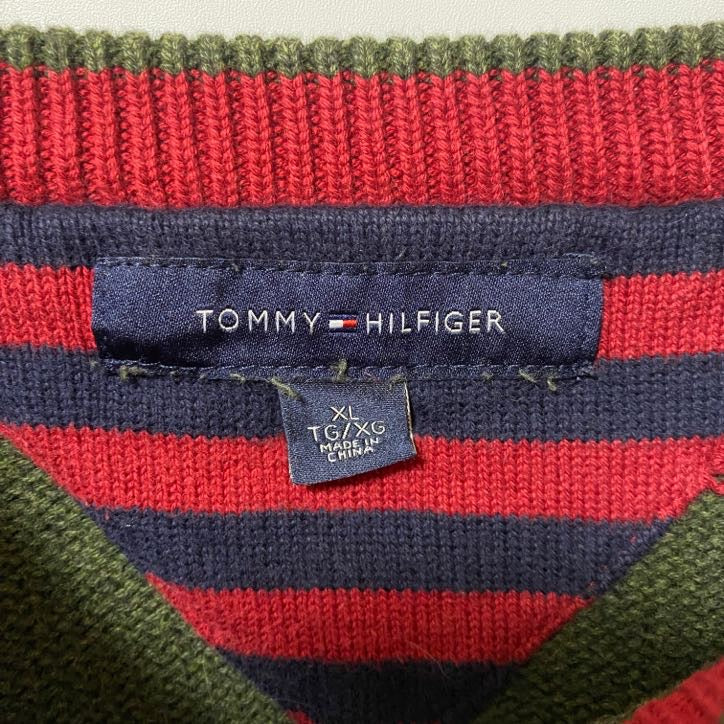 古着 used TOMMY HILFIGER トミーヒルフィガー 長袖ニット セーター ワンポイント刺繍 カーキ XLサイズ