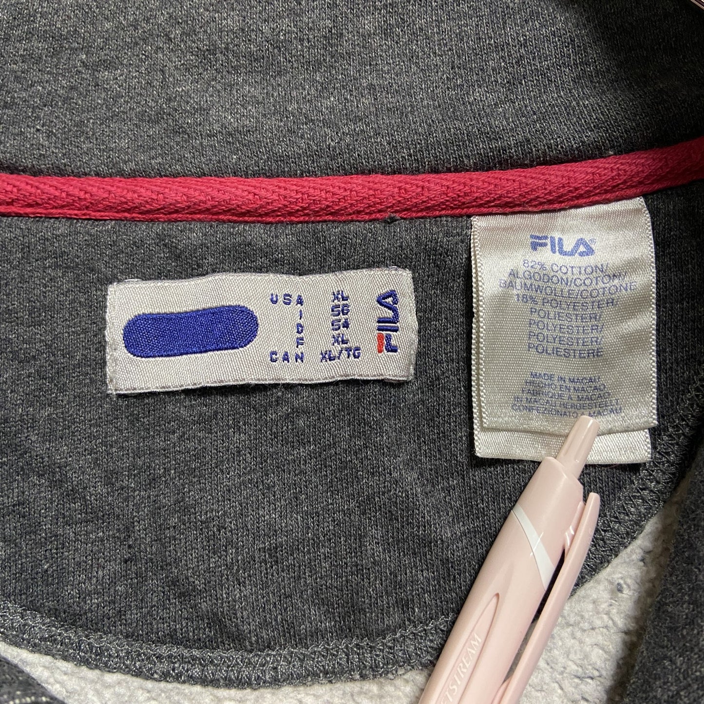 古着 used FILA フィラ 長袖ハーフジップスウェット ポイント刺繍トレーナー ダークグレー ビッグシルエット XLサイズ