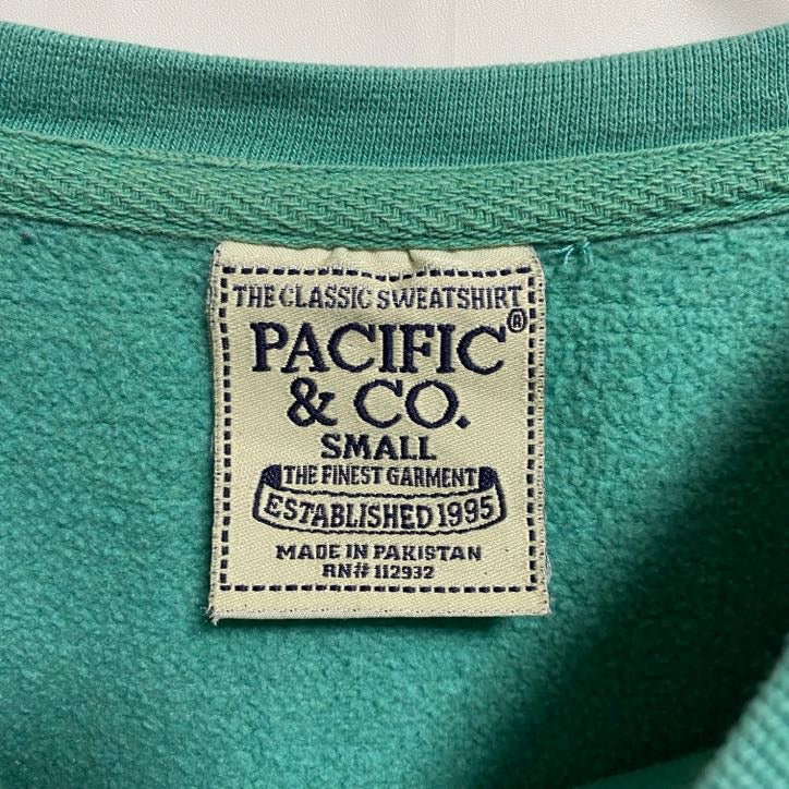 古着 used PACIFIC&CO. 長袖クルーネックプリントスウェット トレーナー レトロデザイン ターコイズブルー Sサイズ
