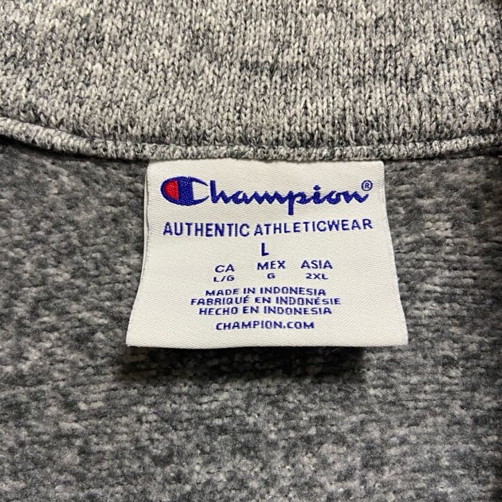 古着 used Champion 長袖カレッジハーフジップ刺繍スウェット トレーナー エルムハースト大学 グレー Lサイズ