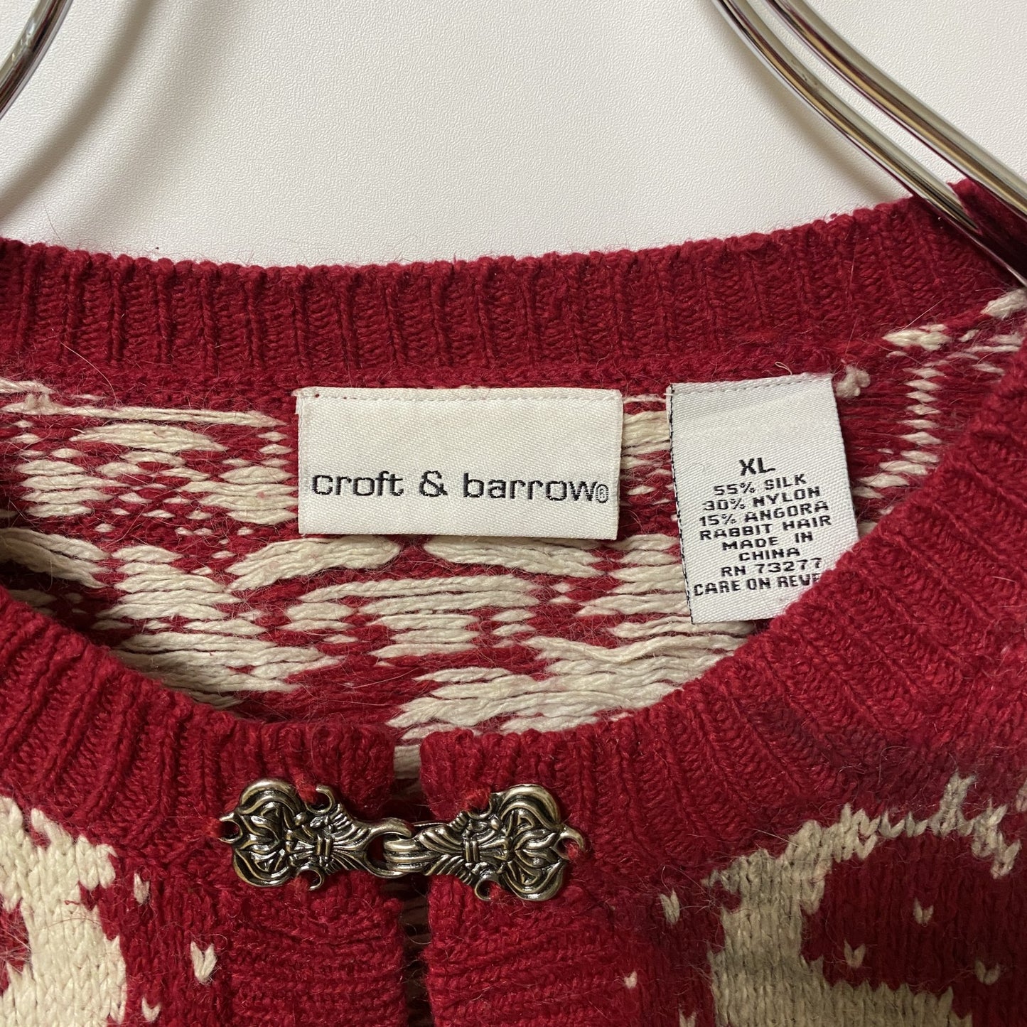 古着 used croft&barrow 長袖ニットカーディガン セーター ノルディック柄 トナカイ 赤 レッド 秋冬服