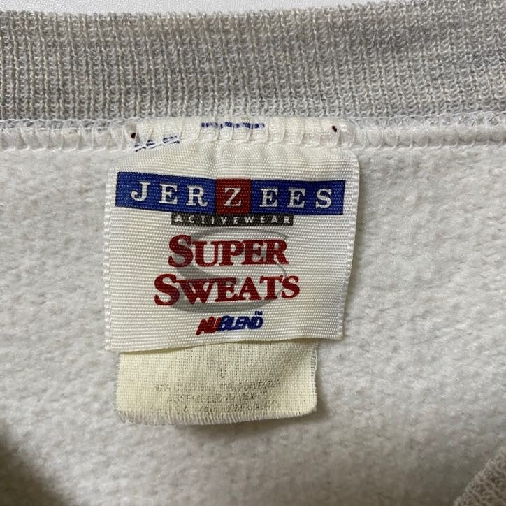 古着 used JERZEES ジャージーズ 長袖クルーネックプリントスウェット トレーナー レトロデザイン グレー Lサイズ