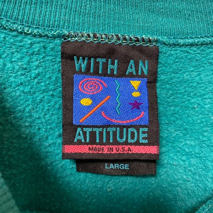 古着 used WITH AN ATTITUDE 長袖クルーネック無地スウェット トレーナー 90s ターコイズブルー