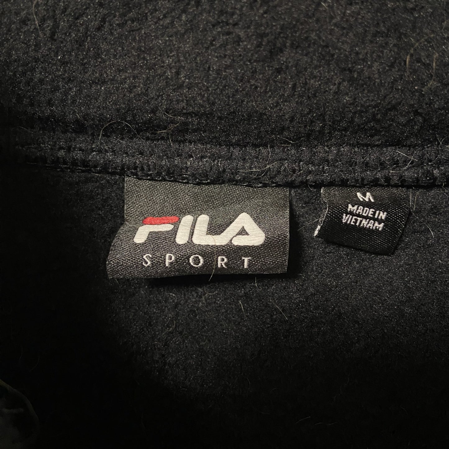古着 used FILA フィラ 長袖異素材切替パーカー フリース生地 ワンポイント刺繍 水色 黒 ブラック 秋冬服 Mサイズ