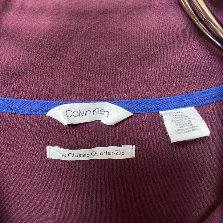 古着 used CalvinKlein 長袖ハーフジップスウェット トレーナー ワンポイント刺繍 ワインレッド Lサイズ