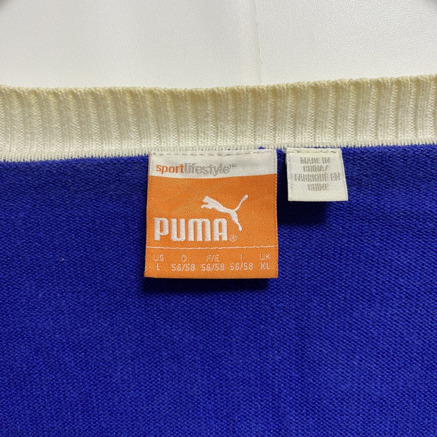 古着 used PUMA プーマ 長袖薄手Vネックニット セーター ネイビー ダークグレー バイカラー 秋冬服 Lサイズ