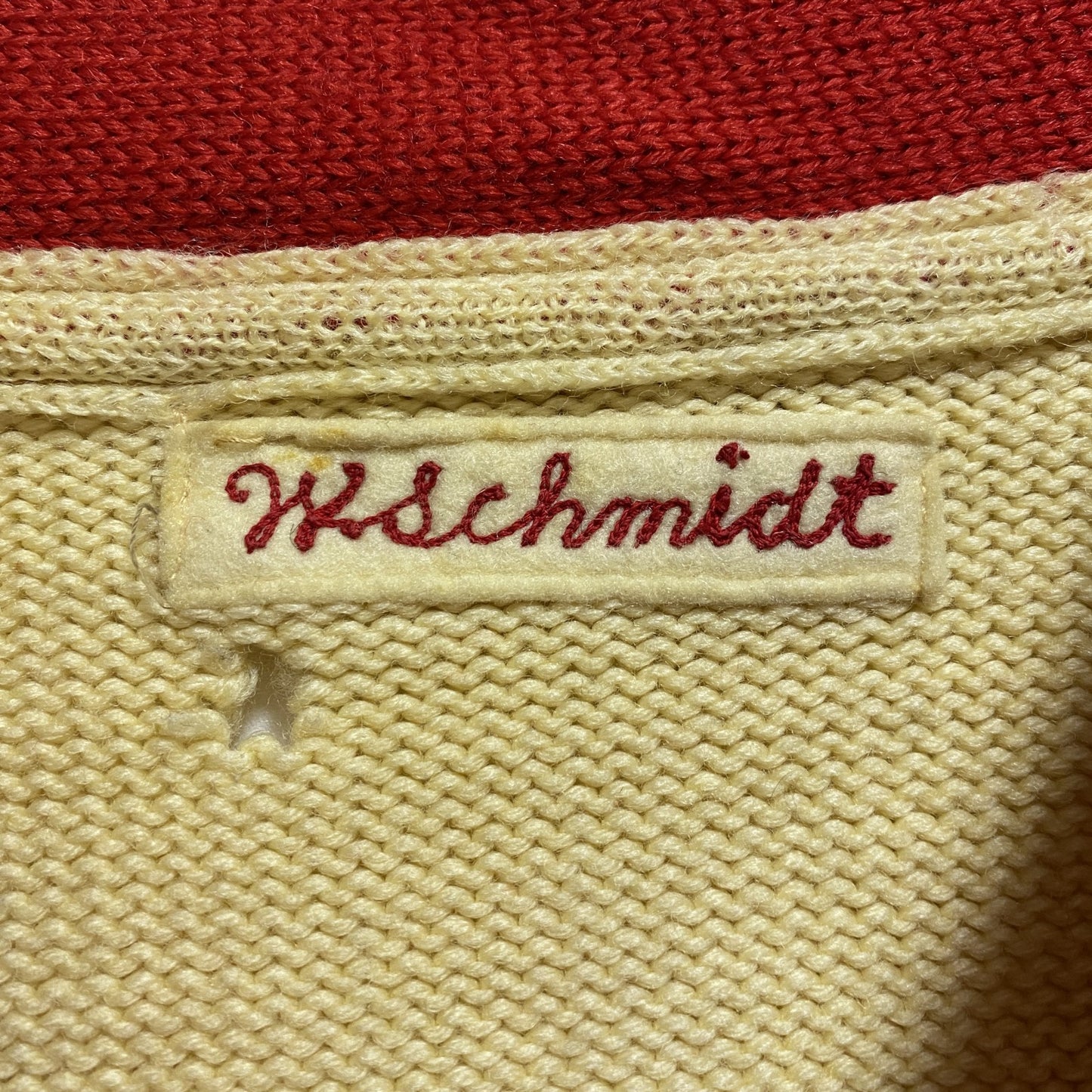 古着 used 長袖ニットレタードカーディガン セーター Vネック ワッペン 黄色 ベージュ ヴィンテージ vintage 秋冬服