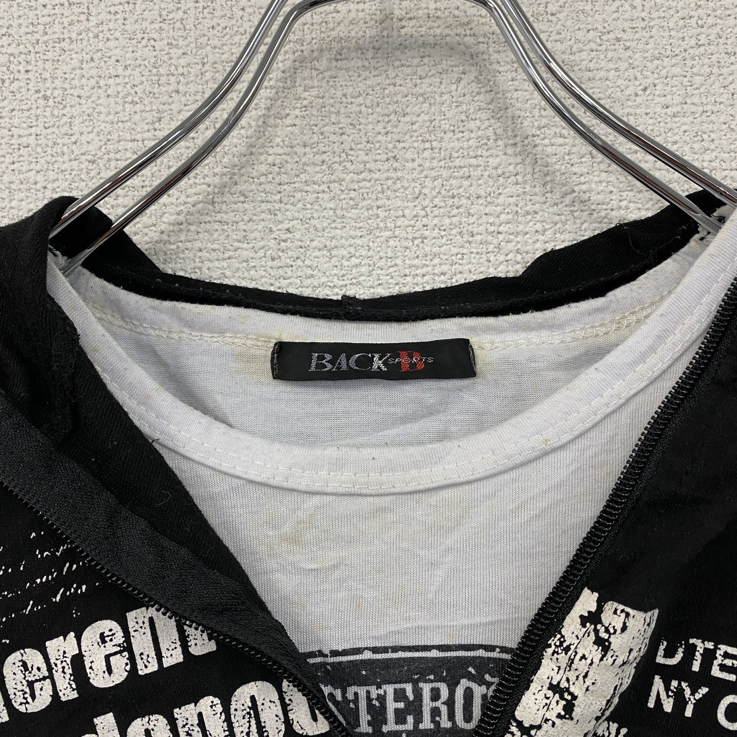 BLACK sports フルジップ半袖プリントTシャツ レイヤード スカル 骸骨ジップ 黒 ブラック