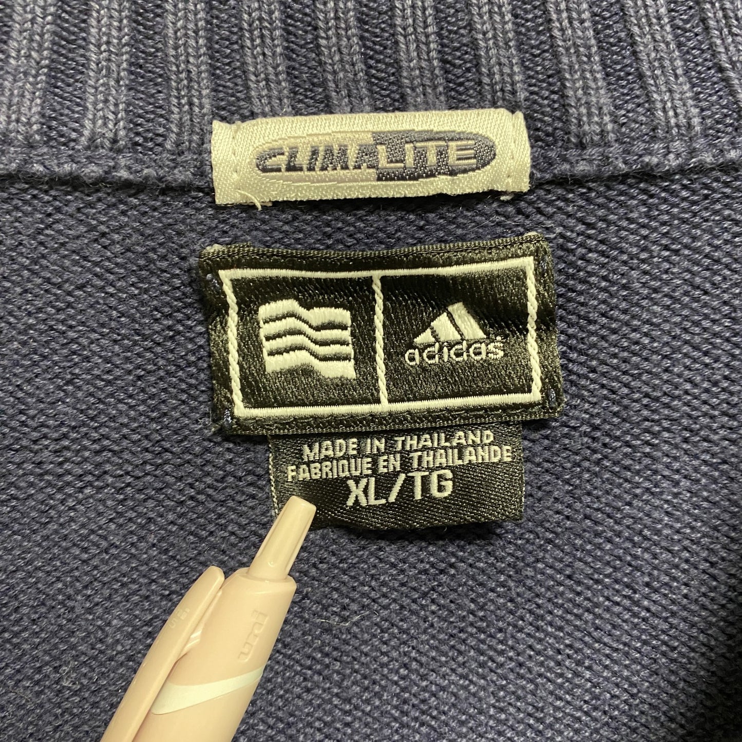 古着 used adidas アディダス 長袖ハーフジップワンポイント刺繡ニット セーター ネイビー ビッグシルエット XLサイズ