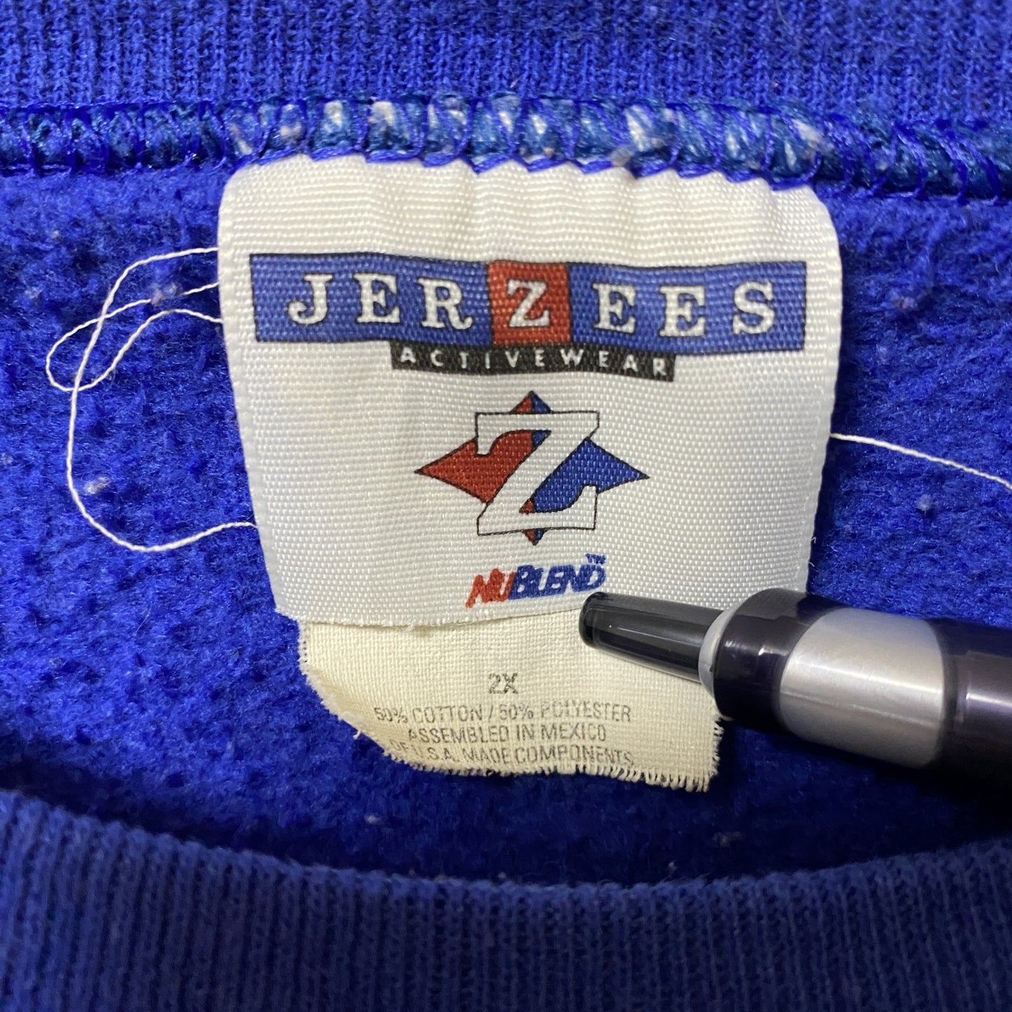 古着 used JERZEES ジャージーズ 長袖クルーネックロゴプリントスウェット トレーナー オーバーサイズ ブルー 2XL
