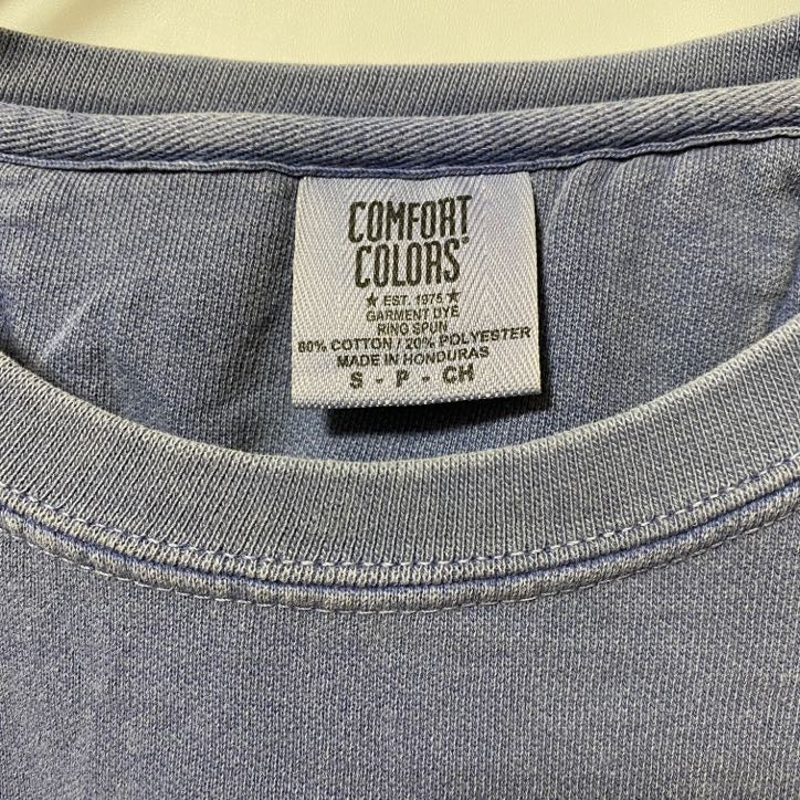 古着 used COMFORT COLORS 長袖ロゴプリントクルーネックスウェット トレーナー レトロデザイン 青 Sサイズ