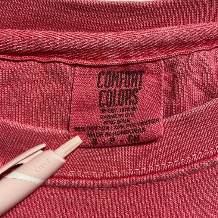 古着 used COMFORTCOLORS 長袖ロゴプリントスウェット トレーナー ピンク レトロデザイン Sサイズ