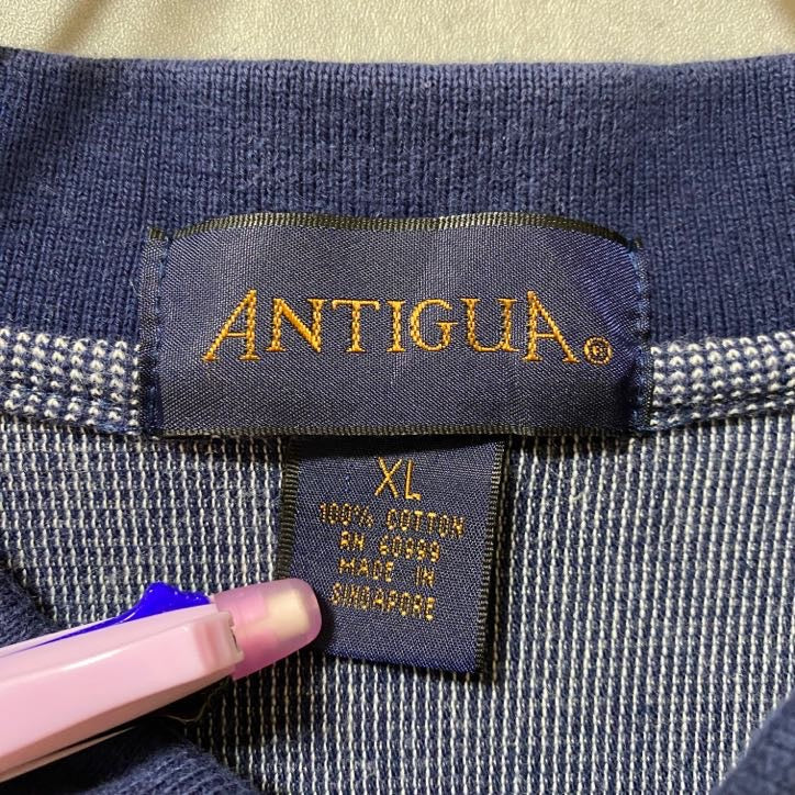 古着 used ANTIGUA Nugget 半袖ストライプ柄ポロシャツ ネイビー グレー レトロデザイン ワンポイント刺繍