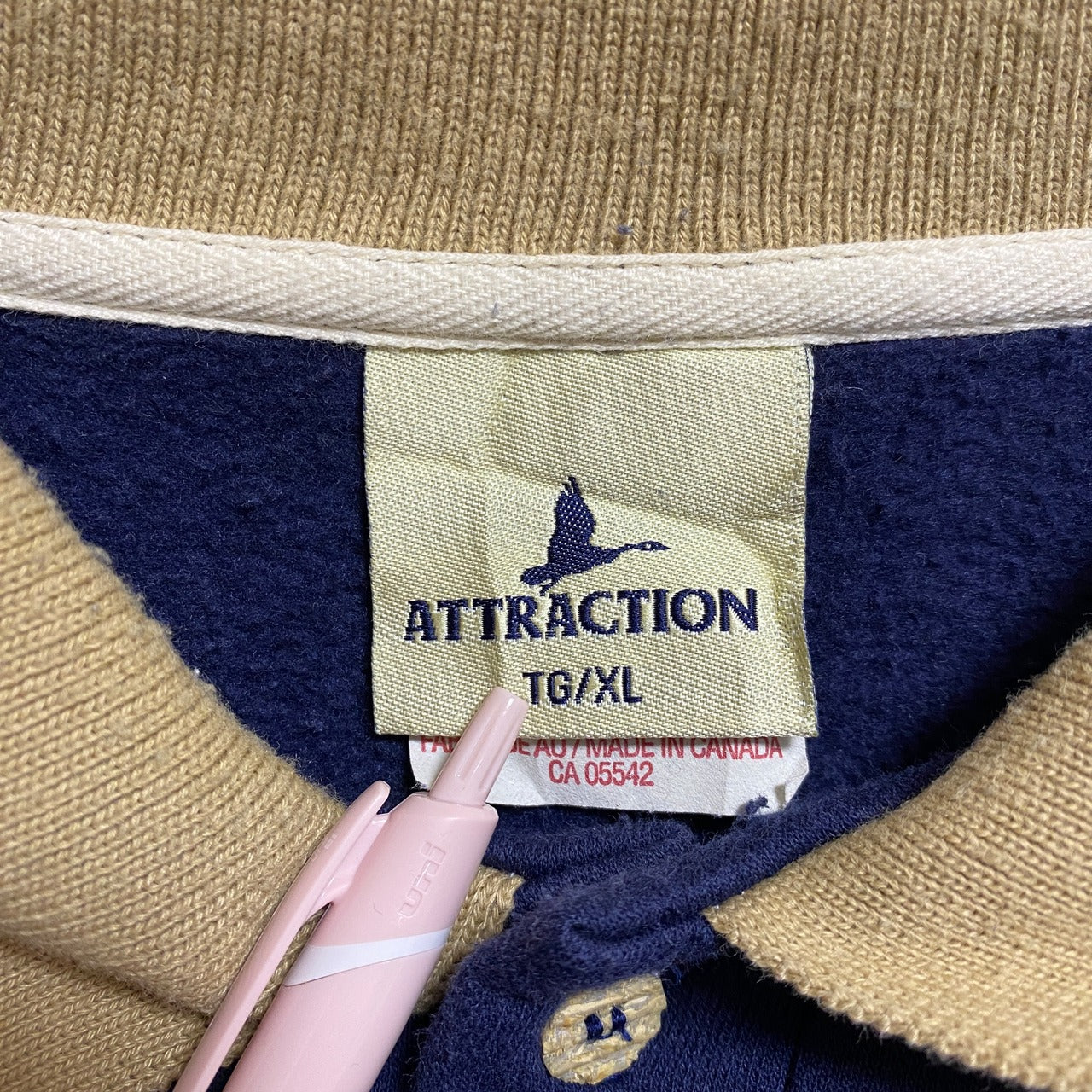 古着 used ATTRACTION 長袖ポロシャツスウェット トレーナー ポイント刺繍 ネイビー ビッグシルエット XLサイズ